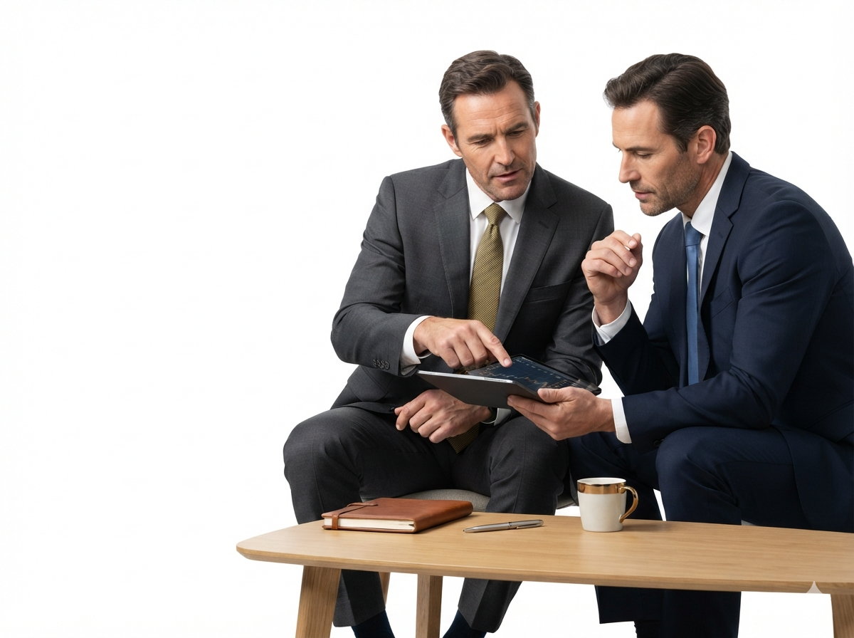 Empresarios revisando en una tablet los avances de su proyecto de financiamiento