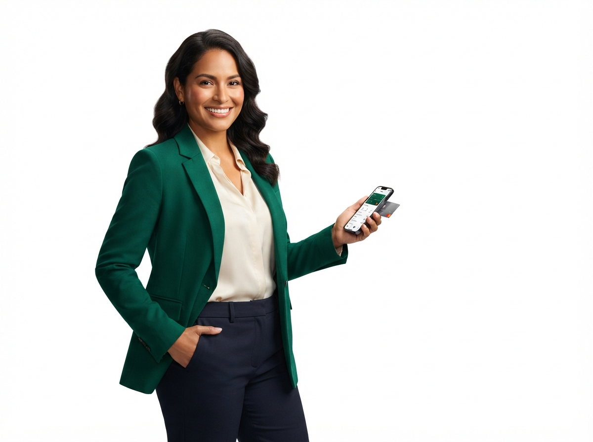 Mujer sonriendo mientras revisa su crédito aprobado en el celular